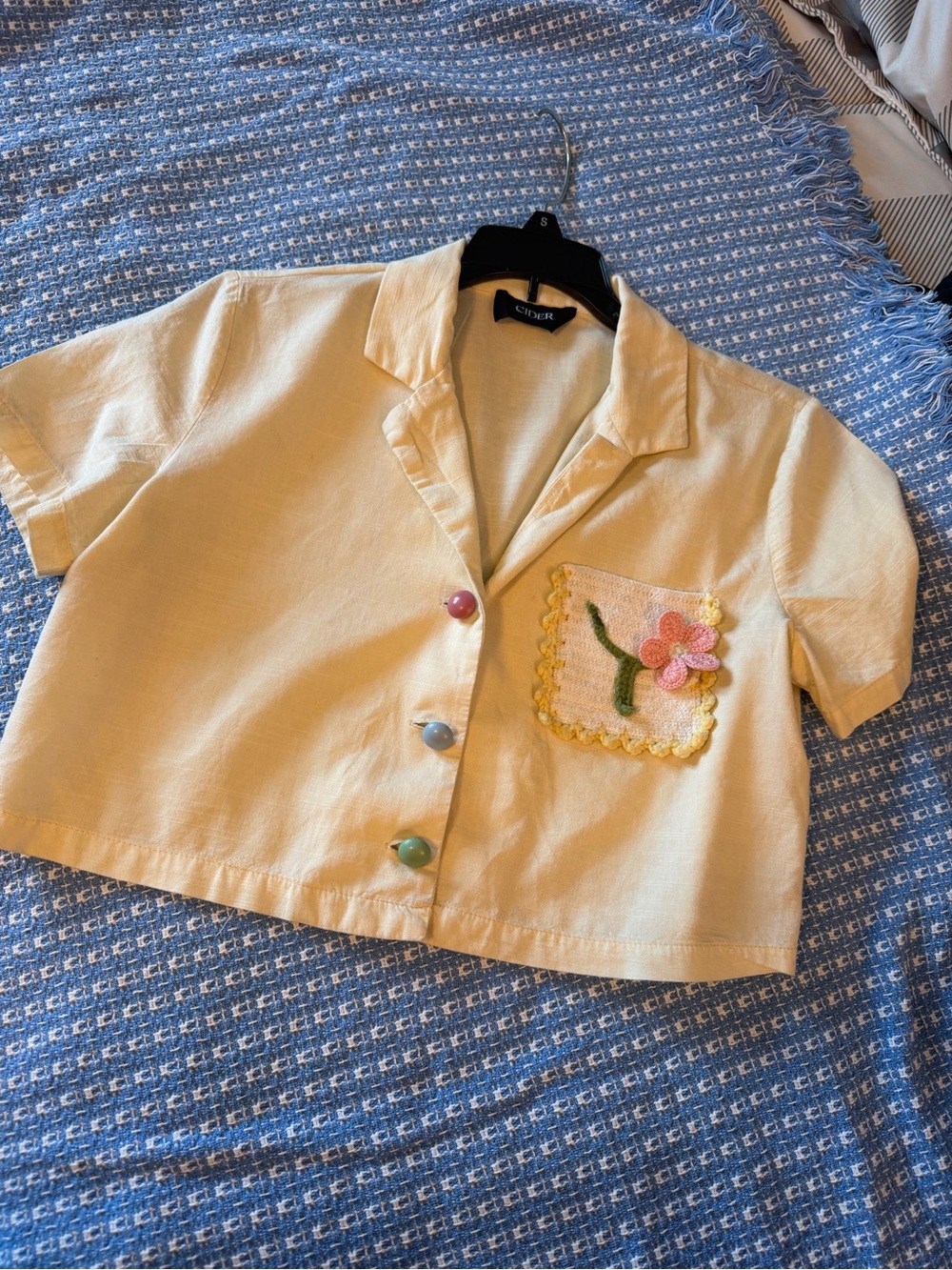 Cider Yellow Cropped Button-Up Shirt with crocheted Flower Pocket